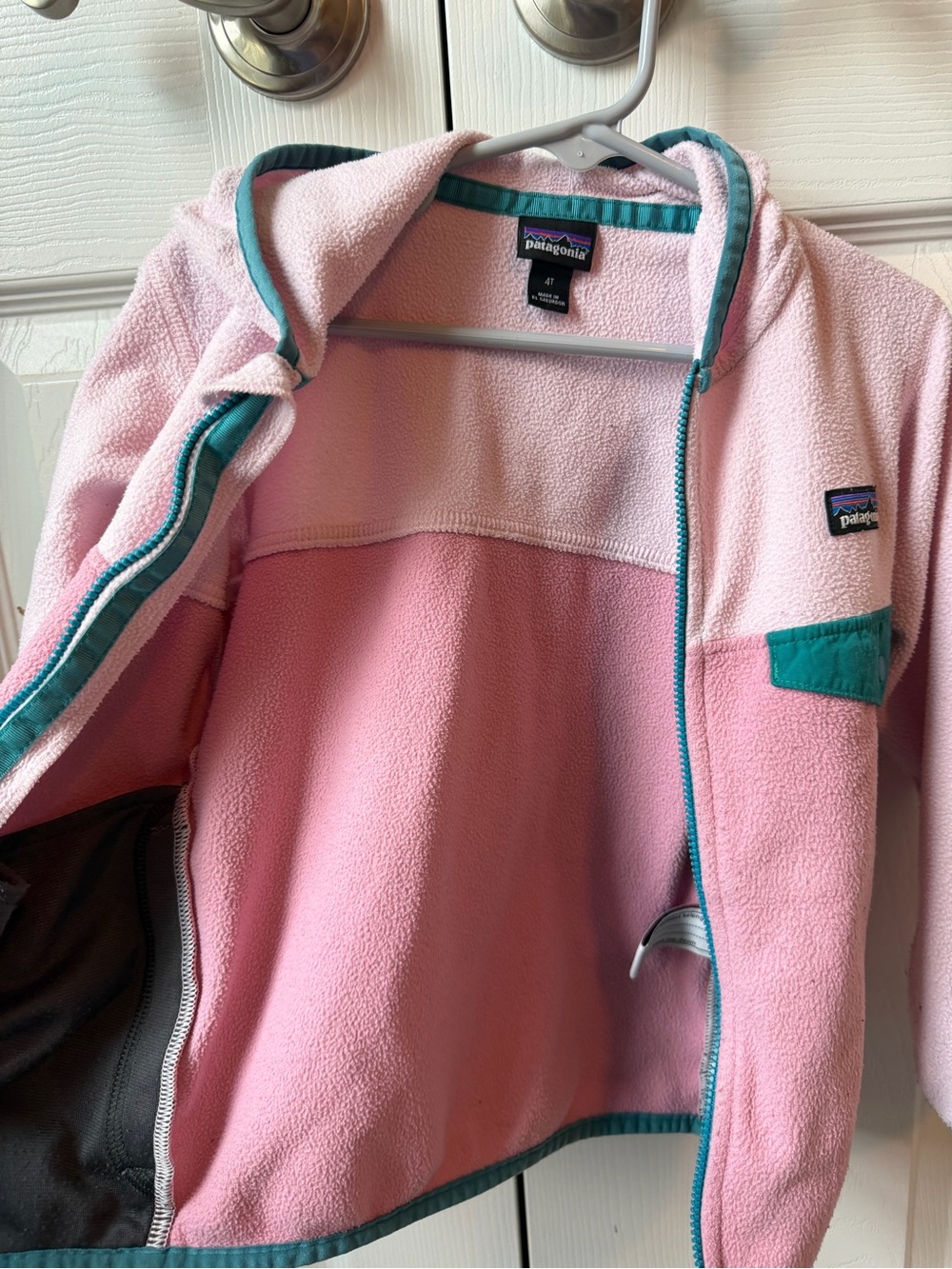 Patagonia Kids Two-Tone Pink Fleece Hoodie with Teal Trim - Picture 7 of 7